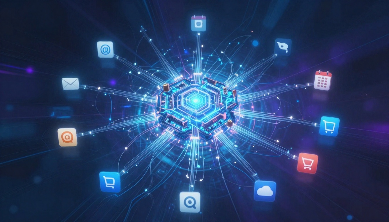 Vibrant network of digital icons connecting through AI pathways, symbolizing seamless app integrations