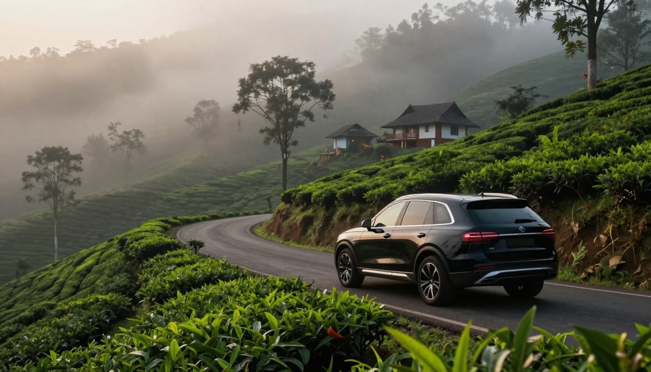 Scenic drive through misty hills on the way to Calithra Resort in Ooty