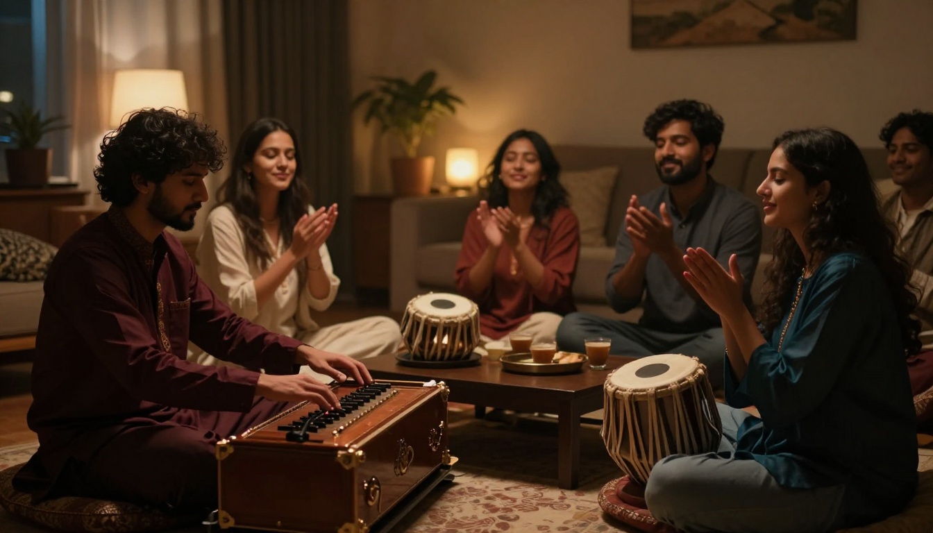 A cozy living room transformed into a Sufi mehfil with floor cushions, soft lighting, and traditional instruments ready for a Qawwali performance.