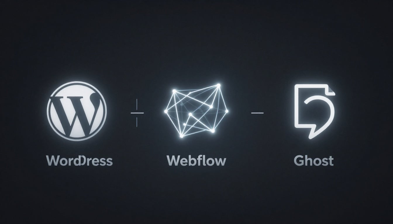 Three modern blogging platforms side by side: WordPress, Webflow, and Ghost, representing flexibility, design, and speed