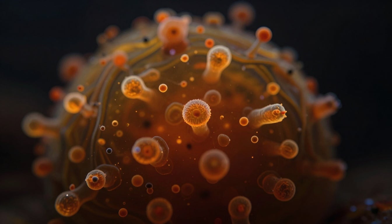 A close-up view of colorful tiny gut bacteria thriving in the human digestive system