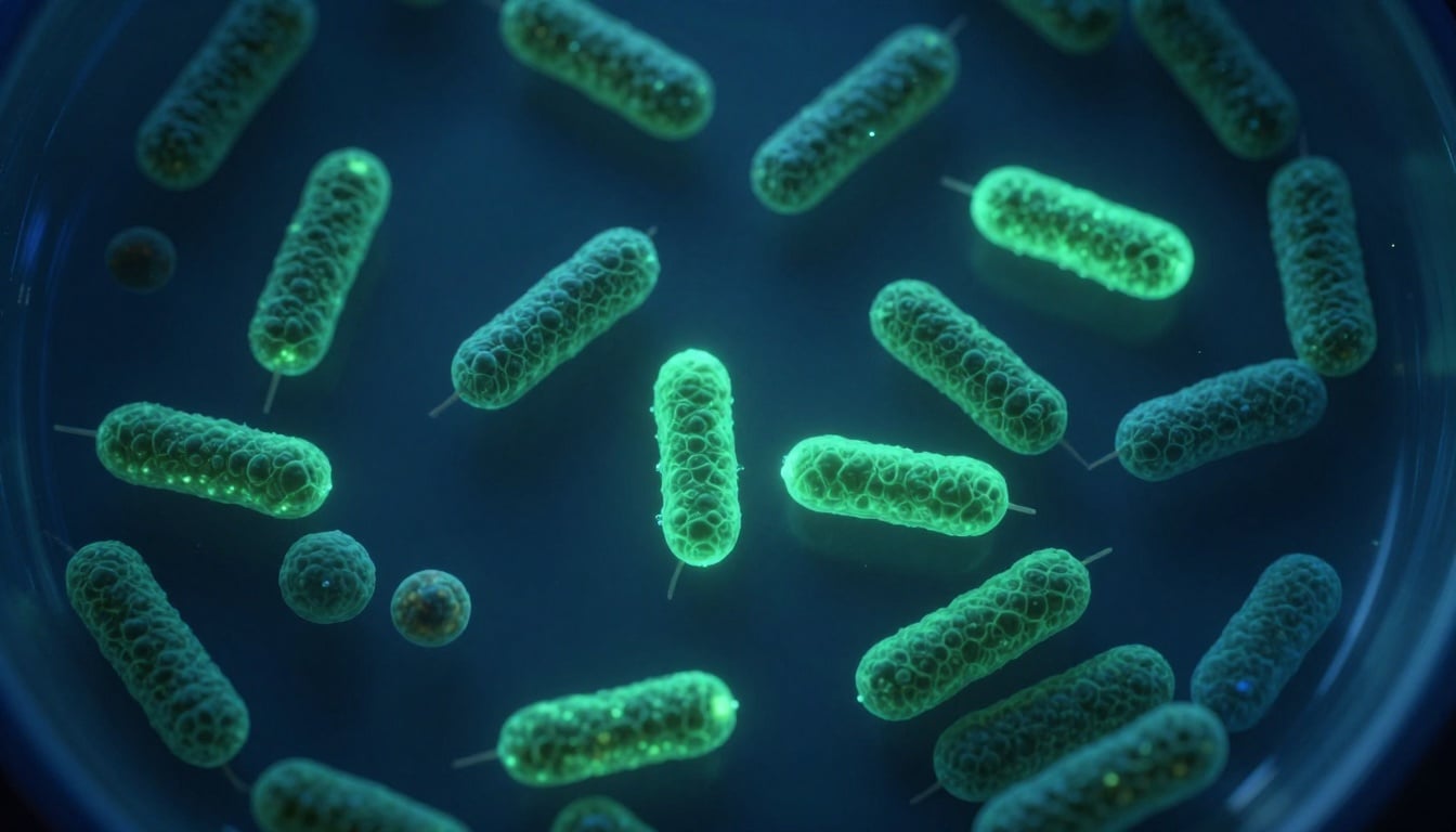 Vibrant illustration of colorful microbes teaming up in the human gut, showcasing the hidden ecosystem inside you