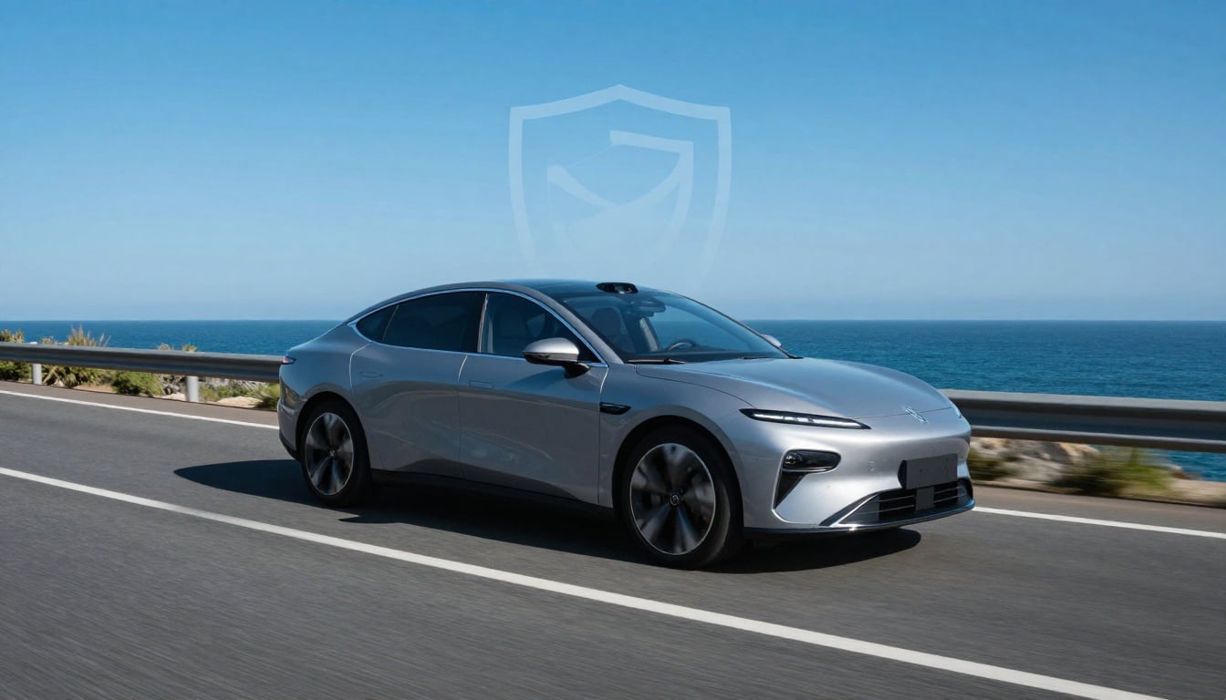 A family driving safely on a sunny road, shielded by reliable car insurance protection