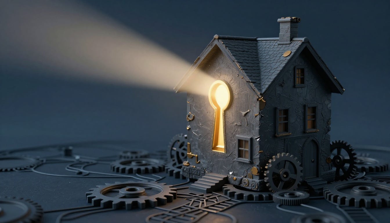 A homeowner smiles while checking credit reports on a laptop, ready to tackle refinancing despite credit hurdles.