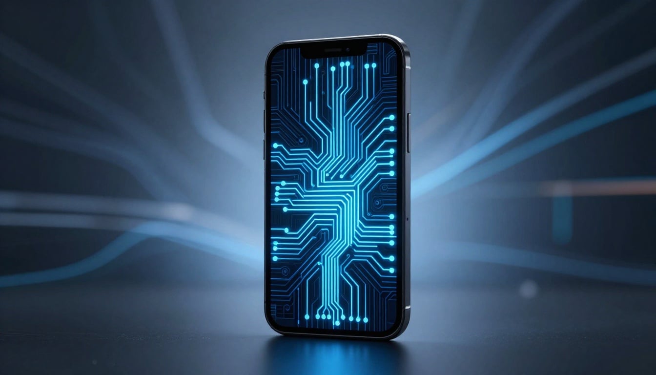 Futuristic AI smartphone interface glowing with neural networks and user interactions